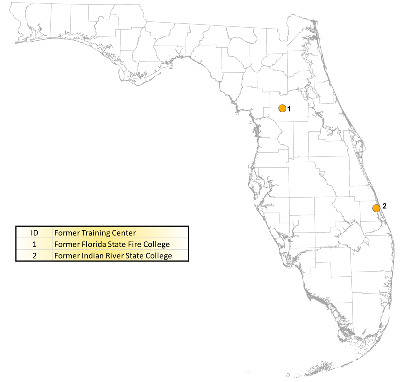 Map of former Florida certified fire training facilities 