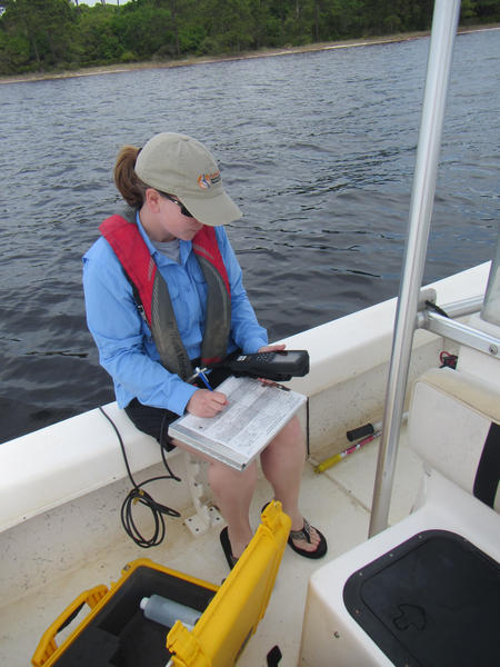 At several monitoring sites in St. Andrews Aquatic Preserve, staff record eight abiotic water quality parameters on a monthly basis.