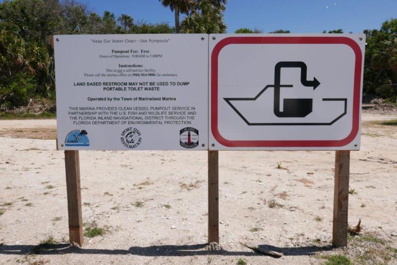A Clean Pumpout sign posted at Mainland Marina in Palm Coast, Florida