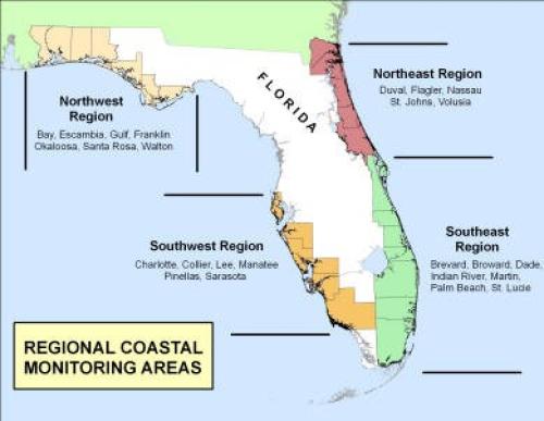 Florida map showing DEP Regional Coastal Monitoring Areas (NW, NE, SW &amp; SE) with a list of included counties