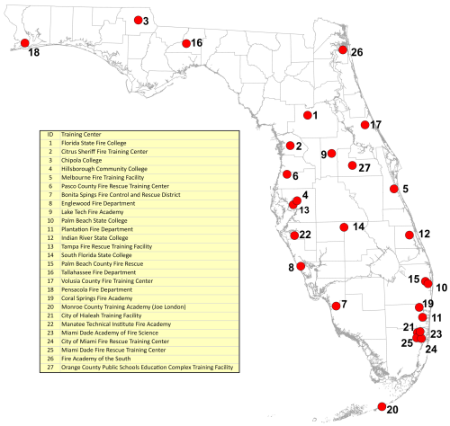 Map of current Florida certified fire training facilities with reported usage of Aqueous Film Forming Foam (AFFF)