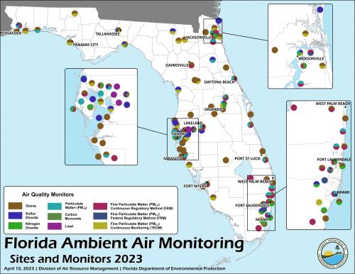 Map of Florida depicting the state’s Ambient monitoring network, which is located in 37 counties, including the state’s most populous, as well as a few rural counties for background monitoring. It consists of 90 sites with 10 Carbon Monoxide, 12 Nitrogen 