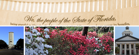 This photo shows the preamble of the constitution and the capitol buildings and azaleas in Tallahass